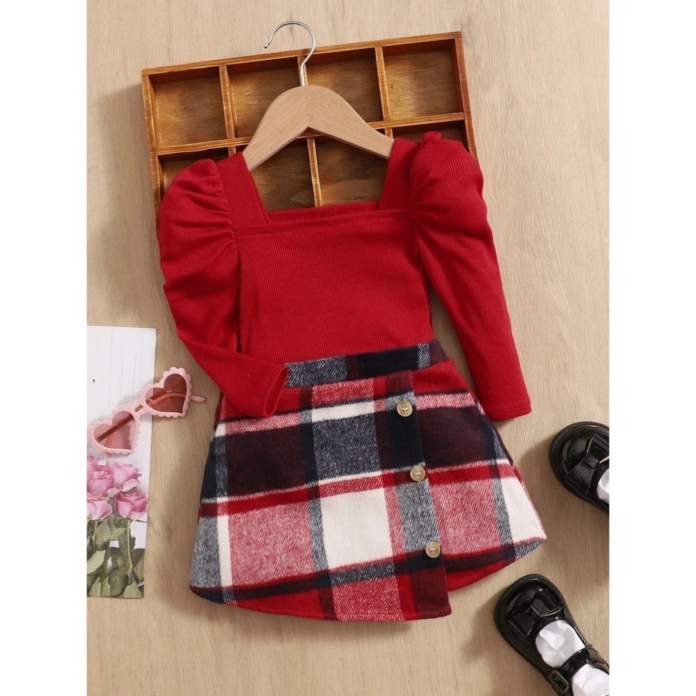 NWT SHEIN Baby Gigot Sleeve Top & Plaid Print‎ Asymmetrical Hem Skirt Size 2-3Y